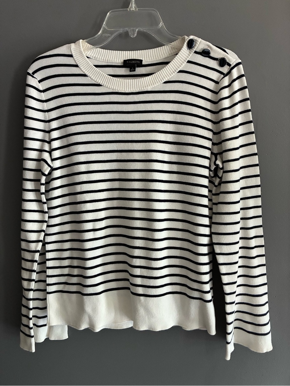 Talbots Women's Black & White Striped Button-Shoulder Sweater Size Large